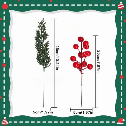 Vista 2 de Decoraciones navideñas para el hogar, interiores, ramas de pino artificial de hoja perenne con tallos de bayas rojas para árboles de Navidad 50