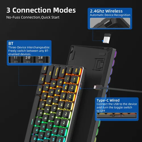 Vista 2 de Camiysn Teclado mecánico inalámbrico RGB Moon84 modo triple 2.4 GHz/BT/USB-C con cable de oficina teclado negro para computadora, computadora