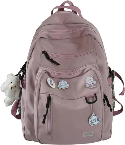 Vista 8 de Mochila estética, linda mochila Kawaii con alfileres y colgante para laptop, mochila casual para mujer, Beige, Mochilas Daypack