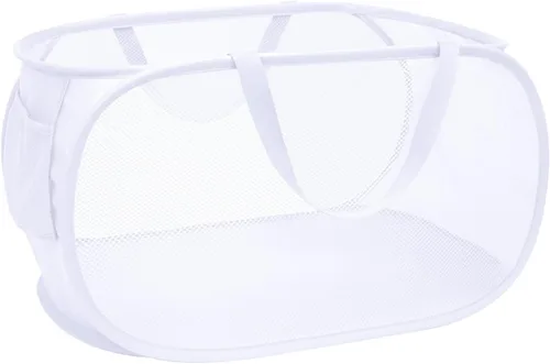 Vista 12 de Cesta de Ropa Emergente, Cestas Horizontales Plegables con Asas y Bolsillo Lateral, Malla Resistente Plegable para Cuarto de Lavado, Baño