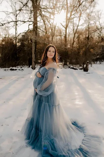 Vista 8 de Vestidos de maternidad de tul para sesión de fotos, batas de hombros descubiertos, manga larga, lencería nupcial, baby shower, vestidos de embarazo