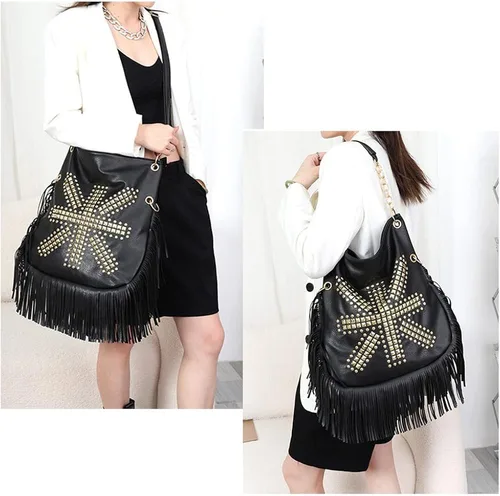 Vista 6 de Teanea Bolso tipo hobo de cuero sintético con flecos, bolso cruzado grande con tachuelas para mujer