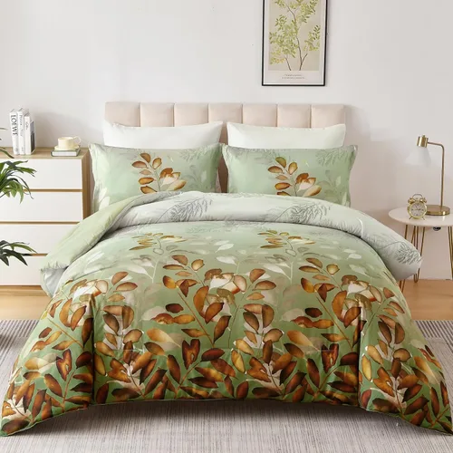 Vista 17 de DJY Juego de edredón beige tamaño Queen, edredón de 3 piezas con hojas botánicas marrones con 2 fundas de almohada, tamaño Queen, juego de edredón