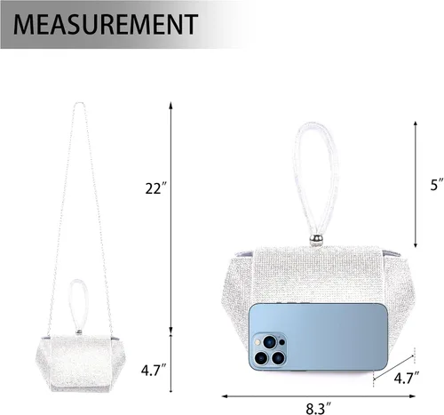 Vista 5 de Monedero plateado con diamantes de imitación, bolso de noche brillante para mujer, bolso de mano plateado para mujer, bolso Hobo con purpurina