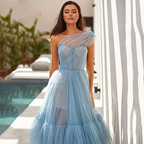 Vista 3 de Vestido de graduación de tul para mujer, con un hombro, plisado, acampanado, largo hasta el té, vestido de fiesta de noche, vestidos de baile