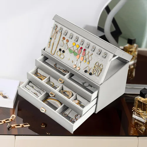 Vista 3 de ProCase Joyero para mujeres y niñas, caja organizadora de joyas grande de 4 capas con tapa de cristal, regalo de San Valentín, organizador de joyas