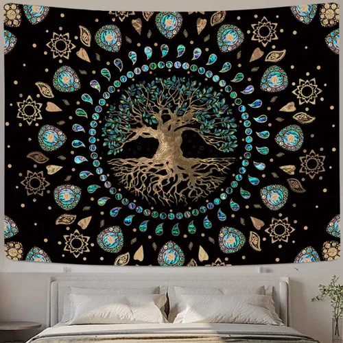Vista 3 de Tapiz de árbol de la vida para dormitorio, tapiz de mandala hippie estético, naturaleza espiritual, tapices de árbol de abulón y dorado, tapiz