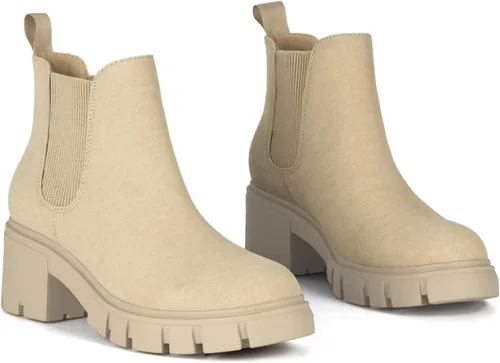 Vista 5 de Athlefit Botas Chelsea para Mujer con Suela Rugosa de Moda, Tacón Grueso, Botines de Tobillo Elásticos sin Cordones Albaricoque
