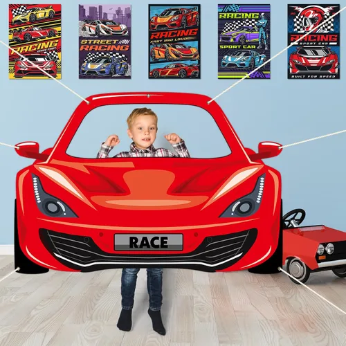Vista 4 de Decoración de fiesta de cumpleaños de coche de carreras, accesorios para cabina de fotos con temática de automóvil, pancarta de fotografía con fondo