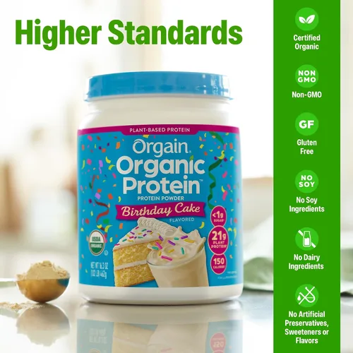 Vista 4 de Orgain - Proteína vegana orgánica en polvo, pastel de cumpleaños - 21g de proteína a base de plantas, 7g de fibra prebiótica, bajo en carbohidratos