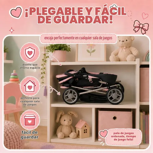 Vista 7 de Cochecito Convertible de Muñeca de Bebé con Portabebés de Viaje Extraíble para Niños, Mango Ajustable, Cochecito con Toldo y Cesta