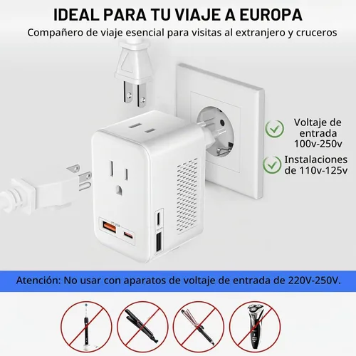 Vista 4 de Adaptador de enchufe de conversión de voltaje de 220V a 110V para viajar de Estados Unidos a Europa con 2 puertos USB y 2 puertos USBC PD 20 W, 2