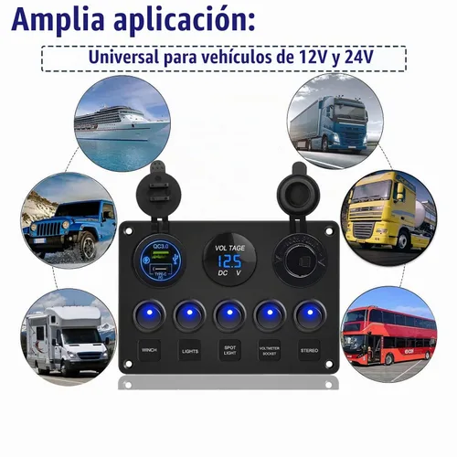 Vista 7 de Panel de interruptor basculante de 5 posiciones con PD Tipo-C, cargador USB, voltímetro digital y salida de 12V para automóvil, barco, camión