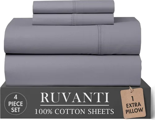 Vista 86 de RUVANTI Juego de sábanas de 4 piezas de algodón 100% natural de percal suave, ligero y transpirable, con bolsillos profundos de 16 pulgadas