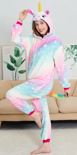 Vista 4 de NewPlush Pijama unisex de unicornio para adultos, mujeres y hombres, mameluco de cosplay de animales