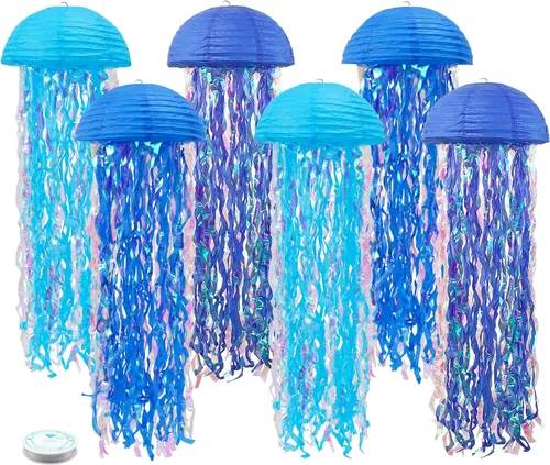 Vista 8 de Decoraciones de cumpleaños de sirena, linternas de papel de medusas rosadas lavanda azul, escamas de sirena colgantes en forma de linterna