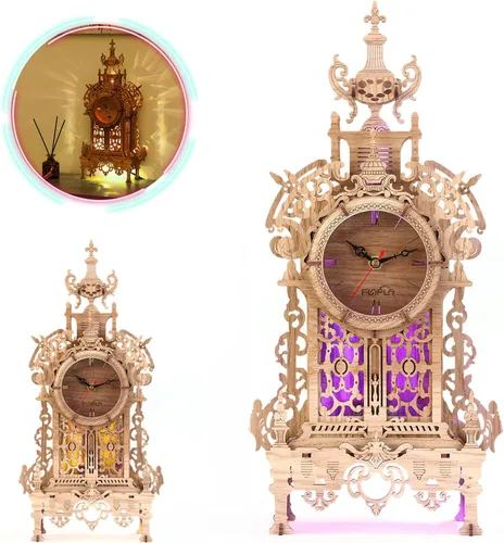 Vista 2 de FUNPOLA Rompecabezas de madera 3D Reloj de torre LED, rompecabezas 3D edificio de escritorio, modelo de bloques de construcción arquitectónicos