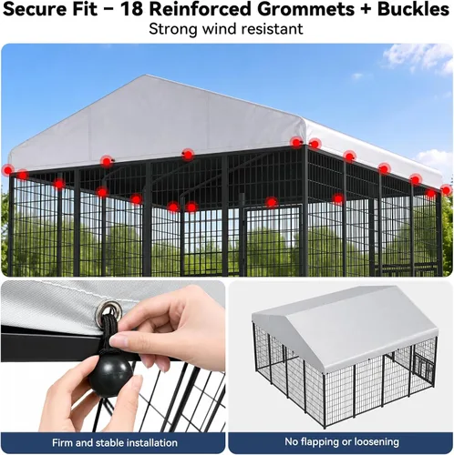 Vista 5 de ROOMTEC 10 x 10 FT Outdoor Dog Kennel Cover, Replacement Canopy Only Silver, 210D Coated Oxford, Waterproof, UV, 18 Secure Fasteners, Designed for