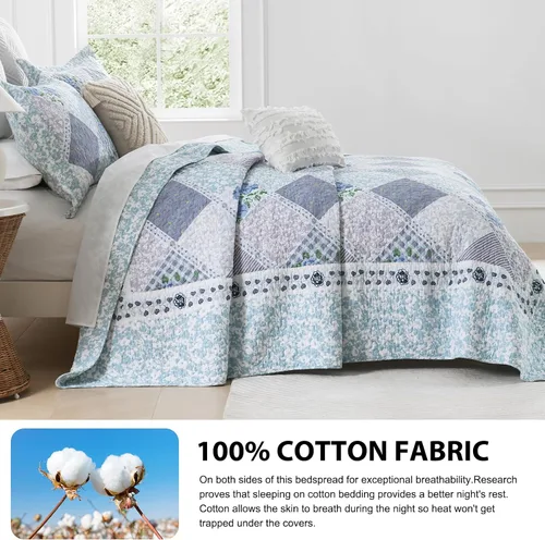 Vista 4 de DDUOXIN Colcha floral extragrande tamaño King de 128 x 120 pulgadas, edredón reversible de 100 % algodón con 2 fundas de almohada, cubrecamas de Azul