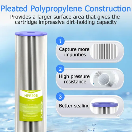 Vista 3 de Cartucho de filtro de agua de 20 micrones para toda la casa, filtros de sedimentos plisados para agua de pozo, reemplazo universal para cualquier