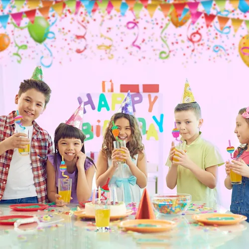 Vista 5 de 24 pajitas de plástico para beber para fiestas de cumpleaños, 8 diseños de Pop Fidget ideales para suministros de fiesta pop con 2 cepillos