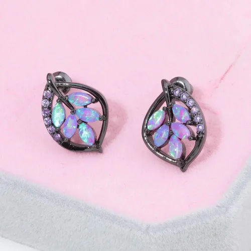 Vista 2 de Aretes de ópalo para mujer, chapados en oro de 18 quilates, flores, hoja, árbol de la vida, estrella de luna, universo, ópalo, joyería, aniversario