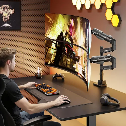 Vista 9 de ARES WING Soporte vertical para monitor doble, brazos de monitor de aluminio resistente de 24-57 pulgadas para 2 monitores, soporte de monitor