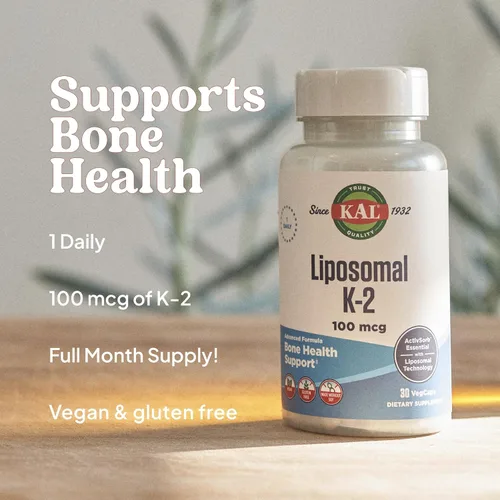 Vista 4 de KAL Suplemento liposomal de vitamina K2 con MK7 de 100 mcg - Alta absorción, tecnología liposomal - Soporte óseo avanzado, vegano, sin gluten, hecho