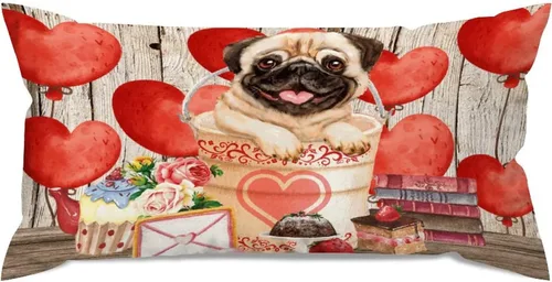 Vista 25 de Fundas de almohada lumbar con textura de madera rústica para perro en cubo, diseño de corazón rojo para el día de San Valentín, fundas de almohada