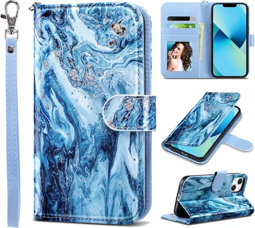 Vista 35 de ULAK Compatible con iPhone 13 Funda tipo cartera para mujer, funda tipo billetera de piel PU con tarjetero y función de caballete, funda protectora
