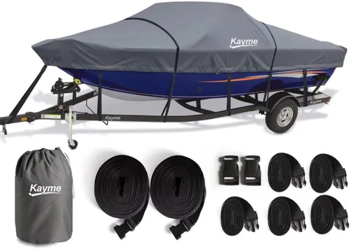 Vista 11 de Kayme Cubierta de lancha resistente 1200D para barcos de 14 a 16 pies, impermeable, resistente al desgarro con correas reforzadas al viento, ideal