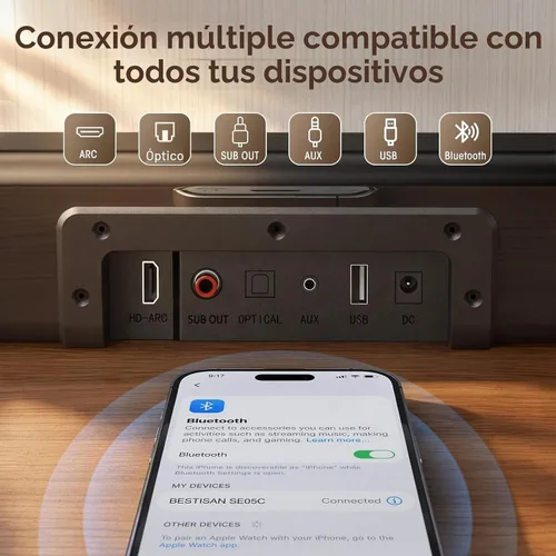 Vista 4 de Barra de sonido, BESTISAN Barra de sonido de 50 vatios con HDMI, óptico, AUX, USB, salida de subgraves y conexión Bluetooth, DSP, bajo ajustable, 16