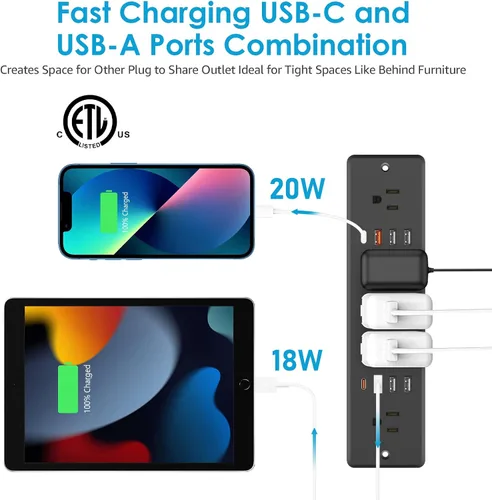 Vista 6 de HHSOET Regleta de enchufes empotrada de 13 en 1 con enchufe plano, tomacorriente para muebles de carga rápida con USB, enchufe de protección contra