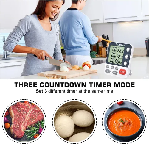 Vista 5 de Atenuadores digitales de cocina duales de 3 canales, temporizador de conteo arriba/abajo, temporizadores de cocina, pantalla grande, triple