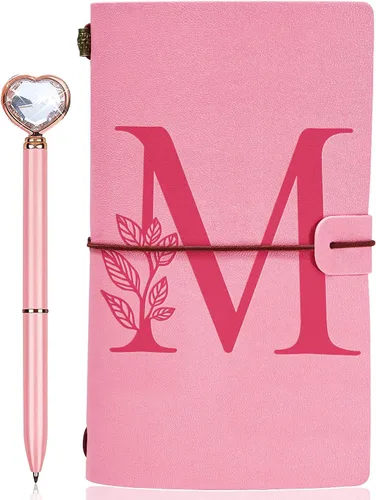 Vista 16 de Diario personalizado para regalo, diario de cuero con inicial rosa + juego de bolígrafo de corazón de diamante, cuaderno de viaje, bloc de notas