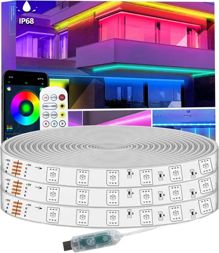 Vista 6 de Tira de luces LED de 16.4 pies IP68 impermeable para exteriores, alimentación por USB de 5 V, sincronización de música, Bluetooth APP/RF, luces