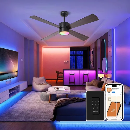 Vista 3 de Ventiladores de techo con luces, ventilador de techo de araña de 52 pulgadas con LED RGB para dormitorio, sala de estar, control remoto/aplicación