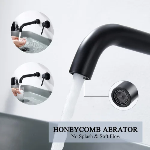 Vista 3 de Grifo de baño de montaje en pared, negro mate, grifo de fregadero de baño montado en la pared de una sola manija, boquilla larga giratoria de latón