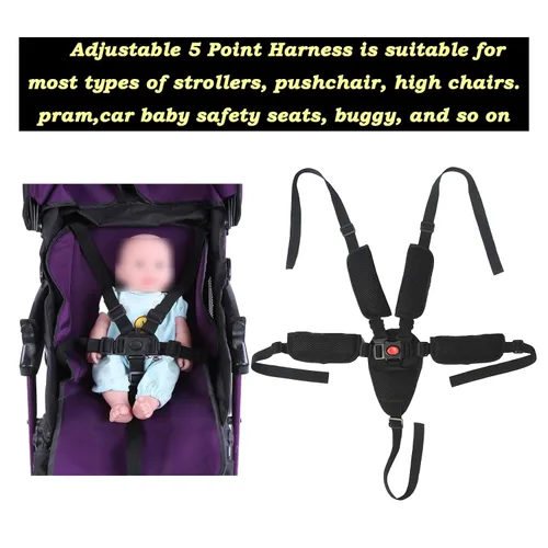 Vista 6 de Arnés universal de 5 puntos para bebé con 5 almohadillas, arnés ajustable correa de seguridad para bebé, cinturón de seguridad para bebé para silla