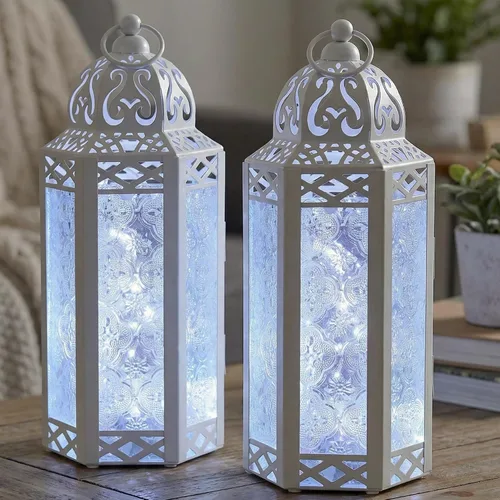 Vista 17 de VELA LANTERNS Juego de 2 portavelas decorativos de LED con luces de hadas de 12" de metal marroquí para colgar o mesa, decoración del hogar