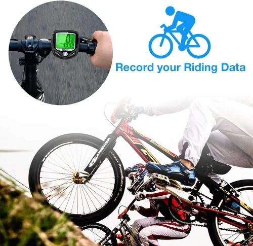 Vista 3 de Computadora inalámbrica para bicicleta con velocímetro, podómetro. Multifuncional con pantalla grande LCD retroiluminada