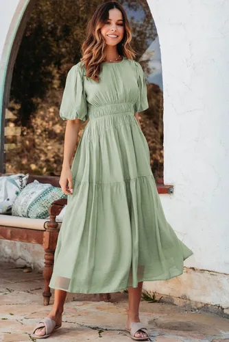 Vista 2 de AlvaQ Vestido de verano para mujer, cuello redondo, manga abombada, casual, fruncido, cintura alta, volantes, acampanado, vestido de verano