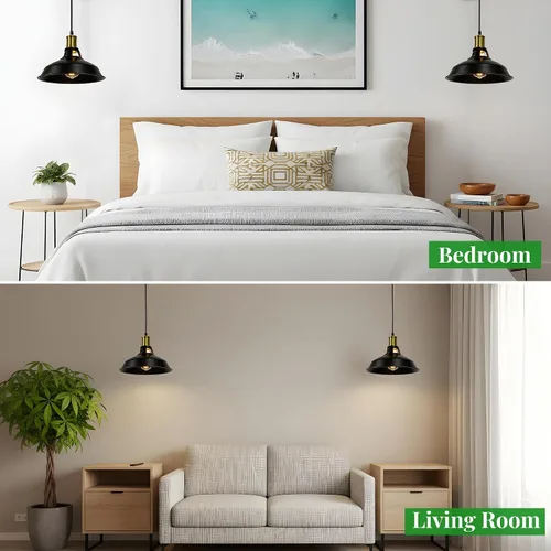 Vista 9 de Lámpara colgante, lámpara colgante industrial de granja con pantalla de metal, iluminación colgante de techo negro y dorado para isla de cocina