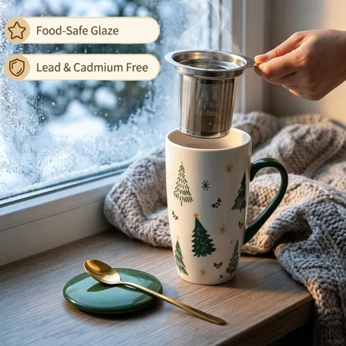Vista 2 de Taza de té de cerámica con tapa, infusor y cuchara, 16 onzas Verde (Green Christmas)