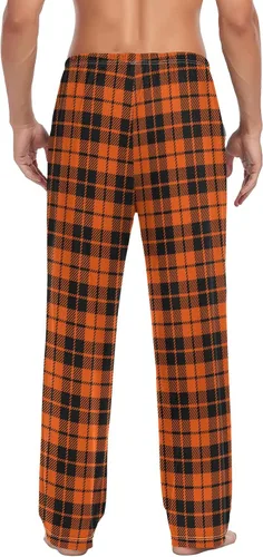 Vista 2 de Plaaee Pantalones de pijama para hombre, color naranja y negro, para Halloween, a cuadros, escoceses, para dormir, pantalones de pijama, pantalones