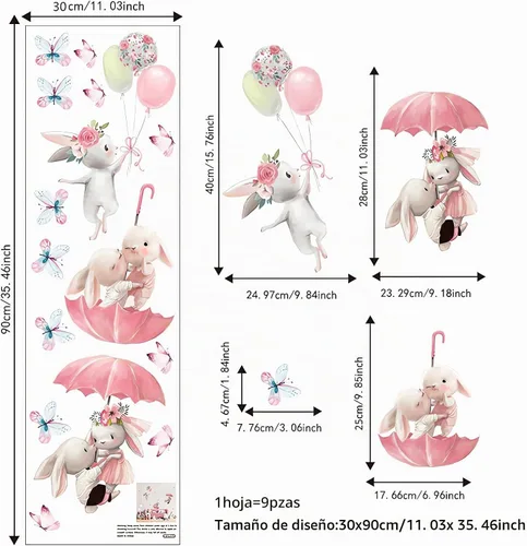 Vista 4 de Calcomanías de pared con diseño de conejos, mariposas, conejos