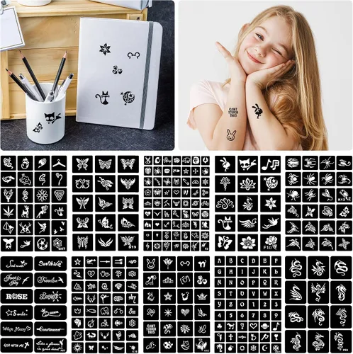 Vista 2 de 16 hojas de plantillas de tatuaje de henna reutilizables para mujeres, niñas y niños, más de 220 plantillas de tatuaje, plantilla de tatuaje