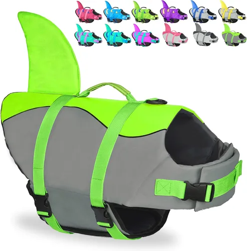 Vista 23 de Chaleco salvavidas para perros de Fragralley Shark, chaleco salvavidas ajustable para perros con aleta de tiburón, adecuado para perros pequeños