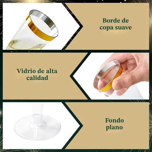 Vista 7 de FOCUSLINE Paquete de 100 Copas de Champán de Plástico, Copas de Champán de Plástico con Borde Dorado de 4.5 Onzas, Copas Transparentes Desechables