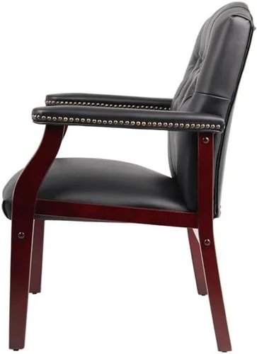 Vista 5 de Pemberly Row Silla de invitados tradicional de piel sintética, tapicería negra, base de madera de caoba con clavos de latón antiguo, 24.5 x 27 x